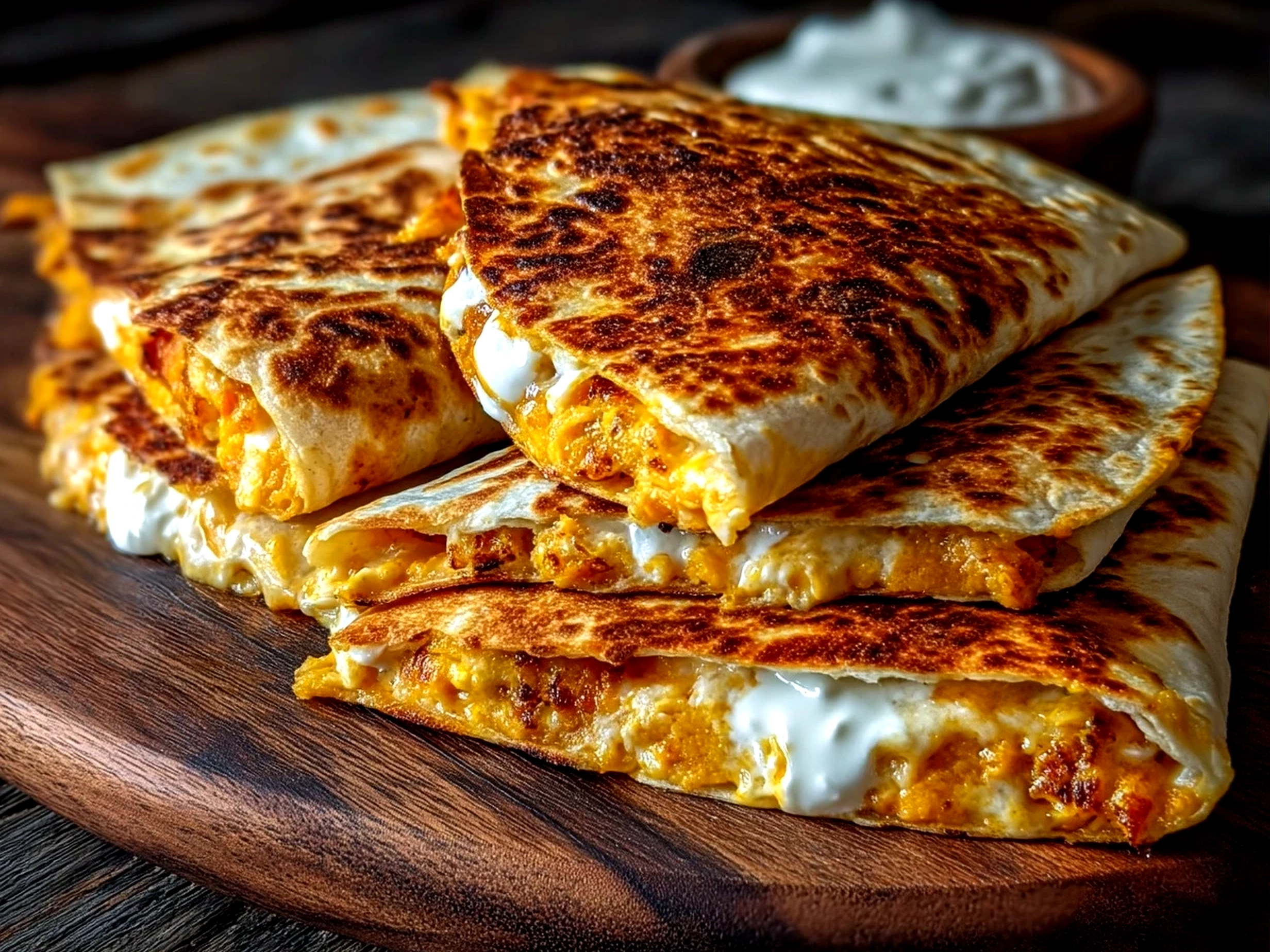 Close-up of ready to eat pumpkin quesadillas showing texture