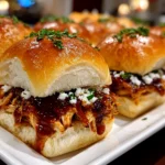 Close-up slight angle of freshly prepared BBQ Chicken Sliders on white plate