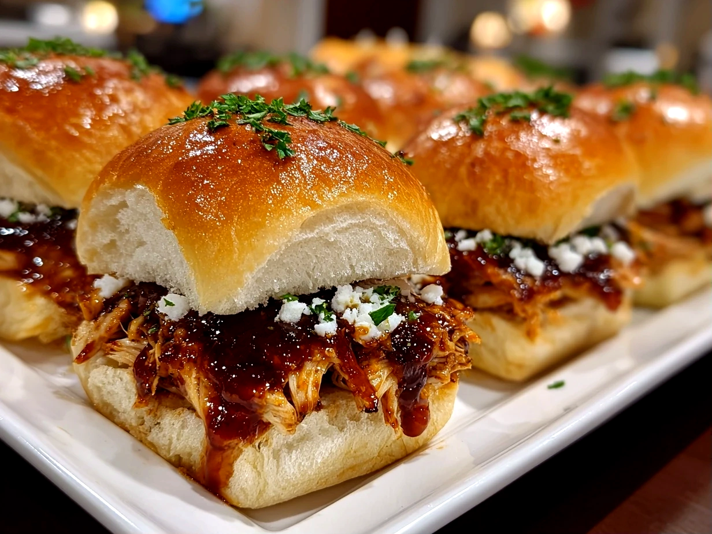 Close-up slight angle of freshly prepared BBQ Chicken Sliders on white plate