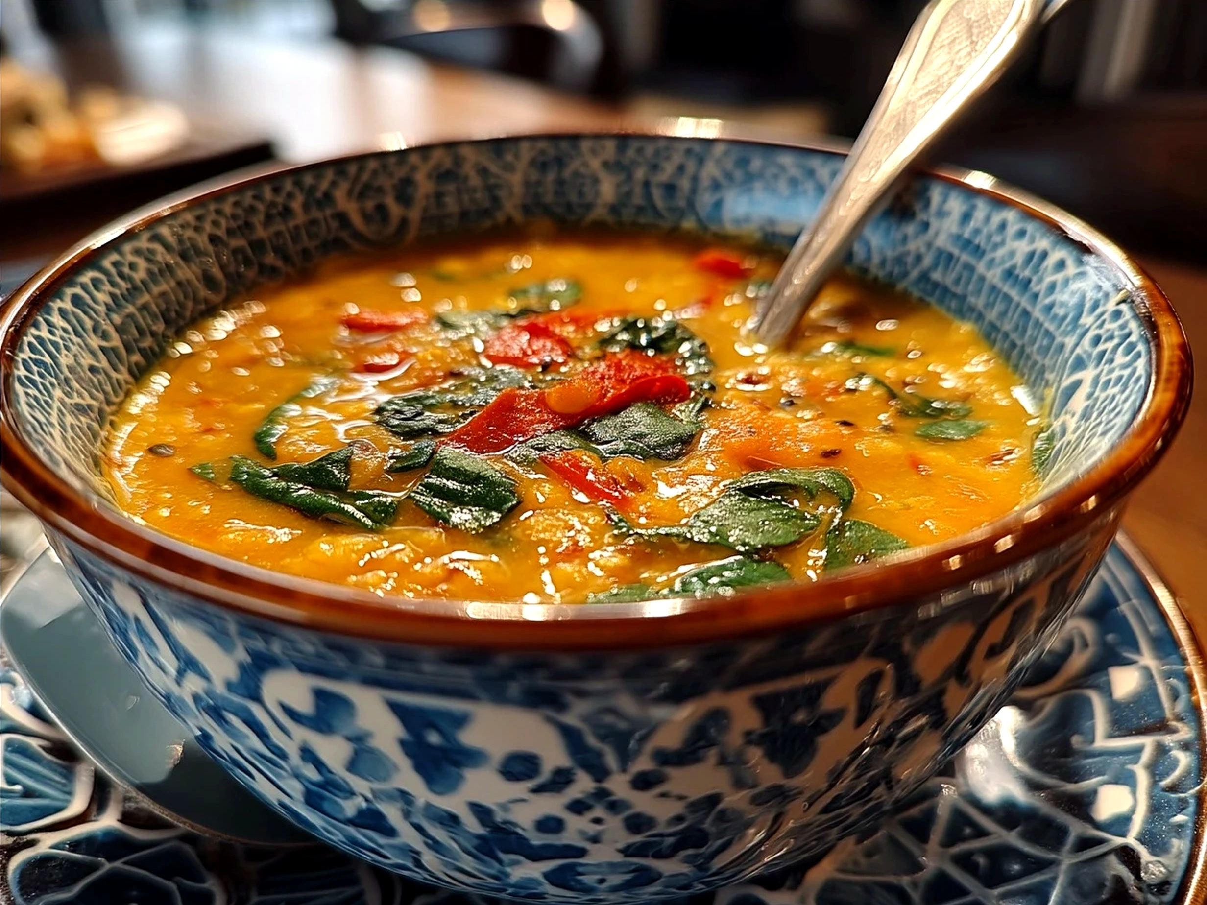 A bowl of creamy Coconut Curry Lentil Soup garnished with fresh cilantro and served with crusty bread and rice on the side.