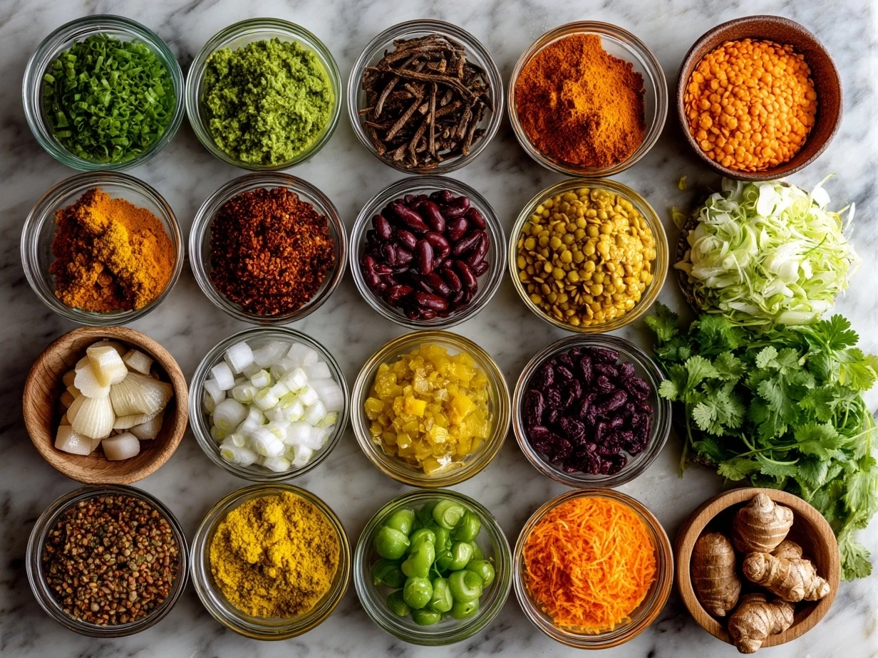 Ingredients for Coconut Curry Lentil Soup spread on a countertop including red lentils, coconut milk, onion, garlic, ginger, and spices.