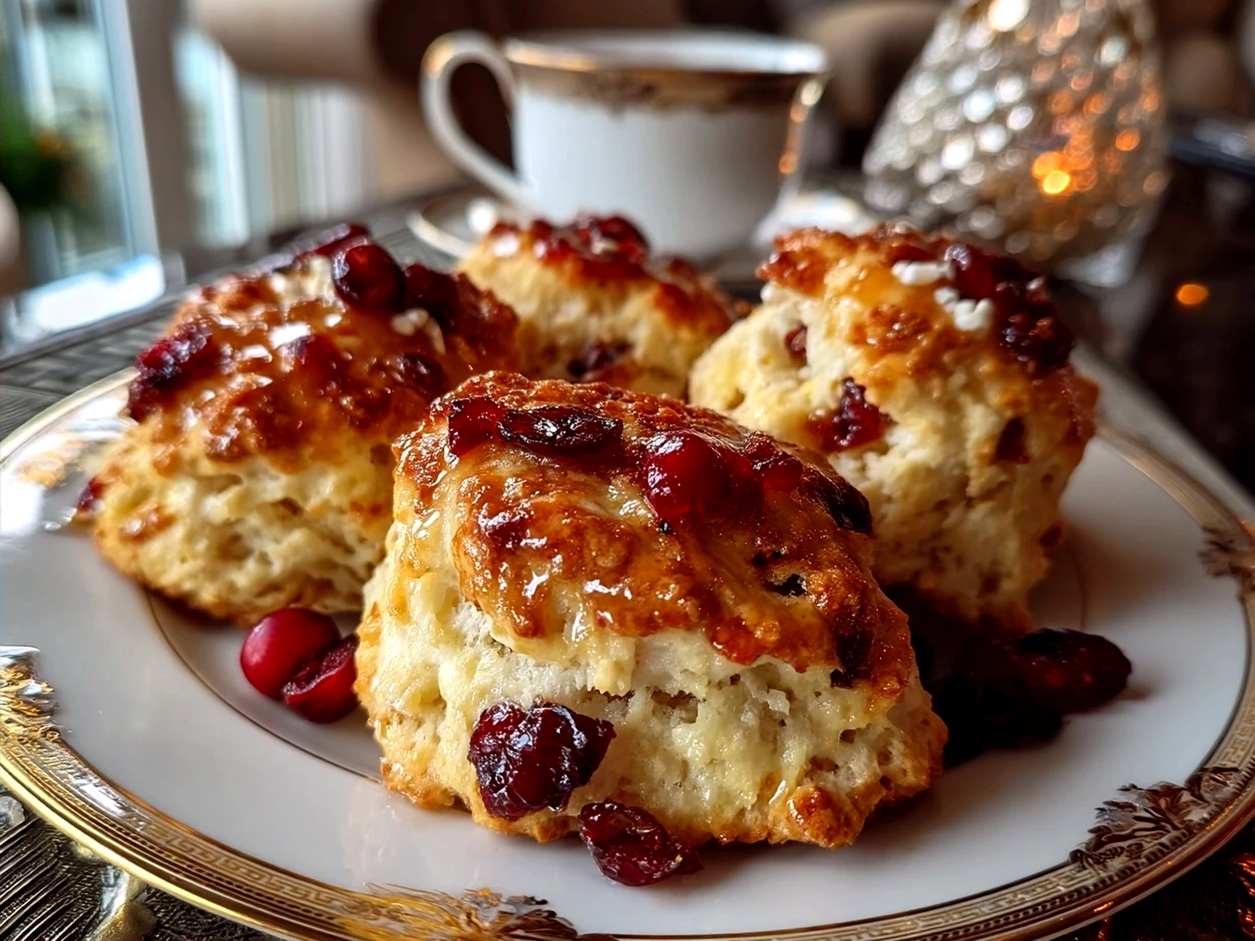 Freshly baked Cranberry Orange Scones arranged beautifully on a plate