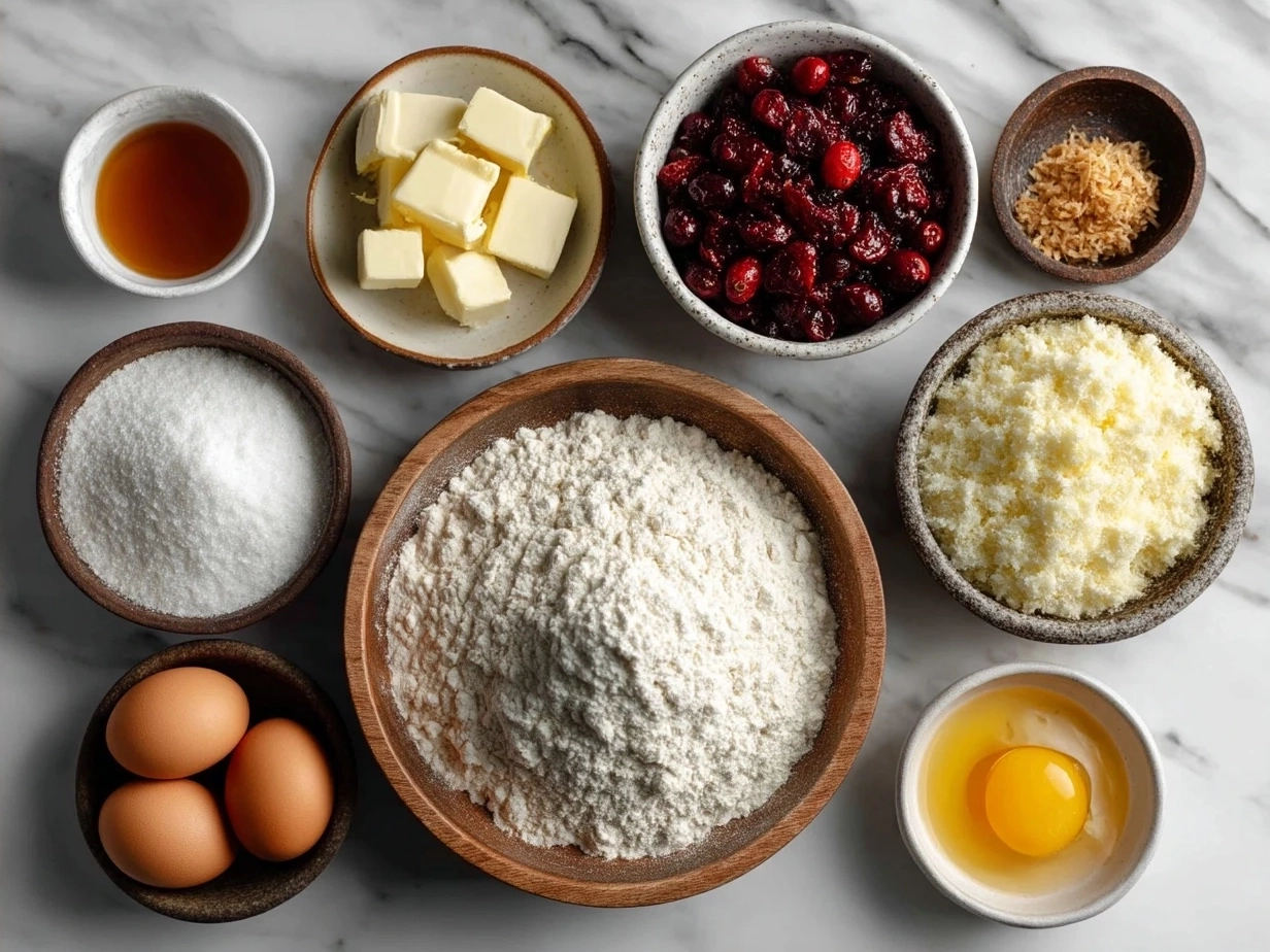 Ingredients laid out for Cranberry Orange Scones including flour, butter, sugar, cranberries, and orange zest