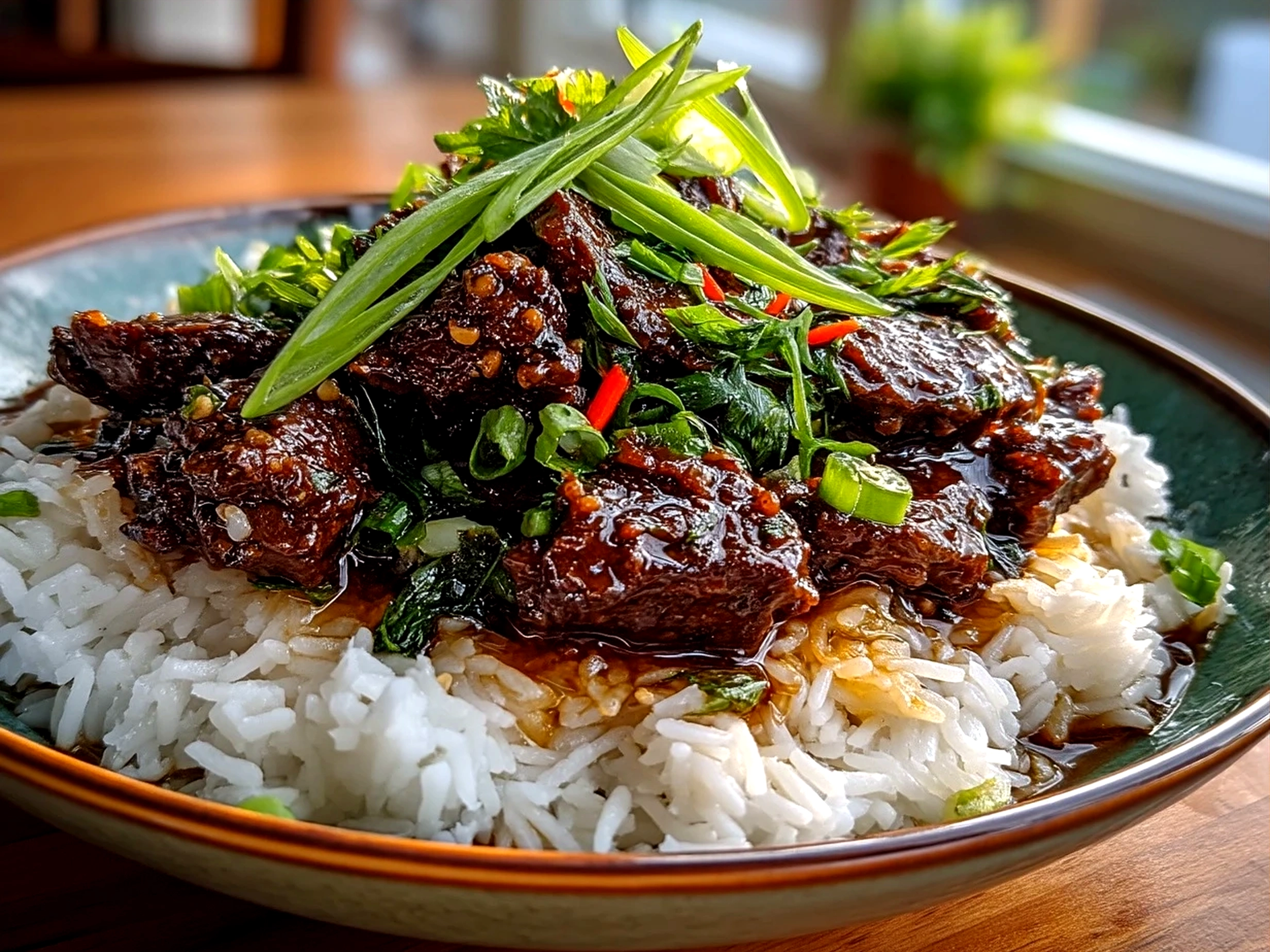 Served Crispy Peking Beef Bowl with green onions and jasmine rice