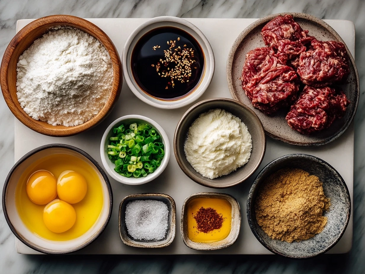 Ingredients for Crispy Peking Beef Bowl laid out including flank steak, cornstarch, hoisin sauce, and green onions