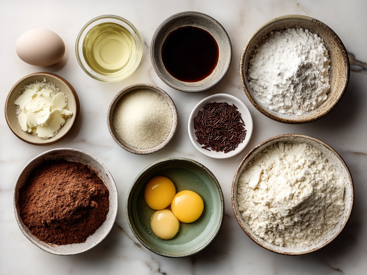 Ingredients for dirt cake including crushed Oreos, cream cheese, butter, powdered sugar, instant chocolate pudding, and milk.
