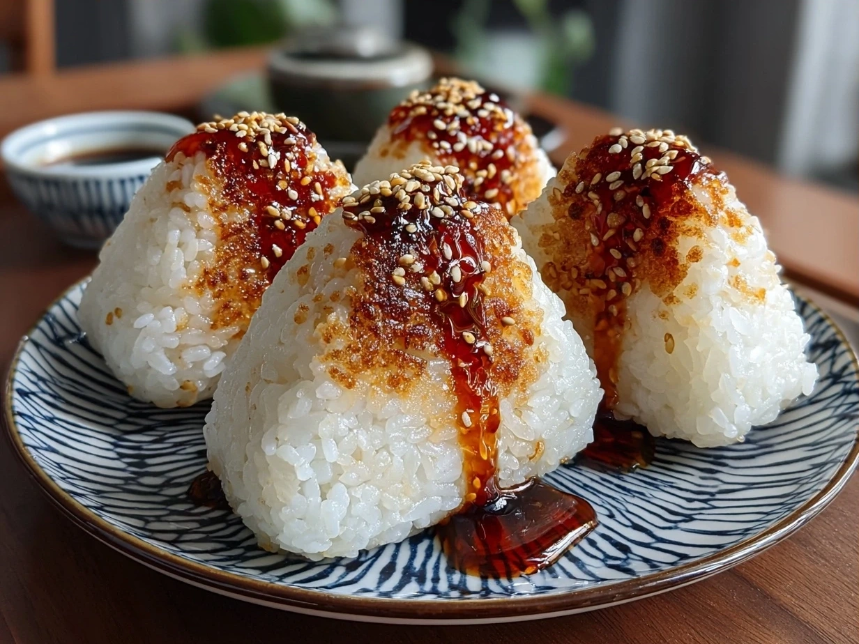 Easy yaki onigiri served on a plate, showcasing their golden grilled texture and nori wrapping