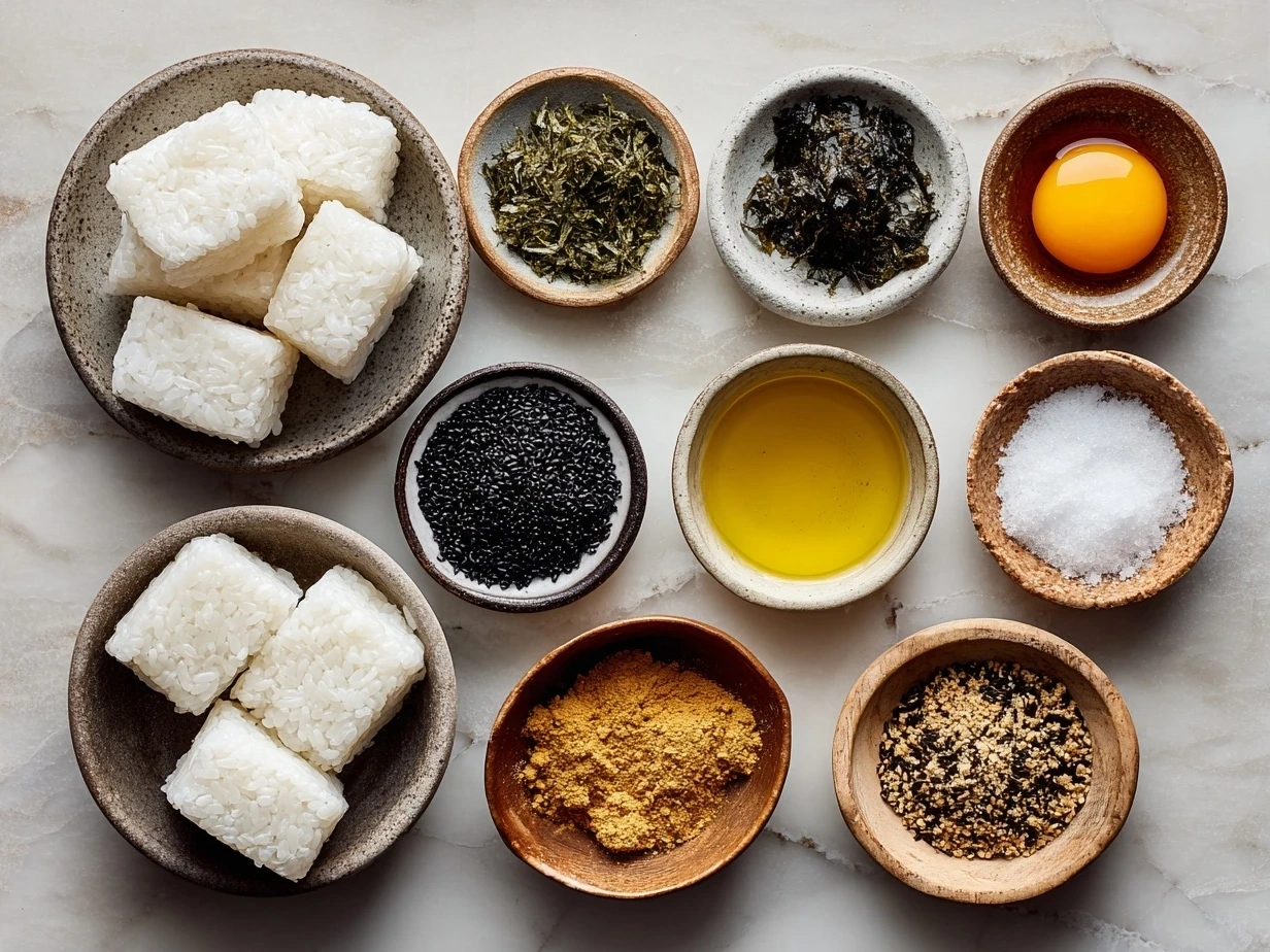Ingredients for easy yaki onigiri including Japanese short-grain rice, soy sauce, mirin, sesame oil, nori sheets, and salt