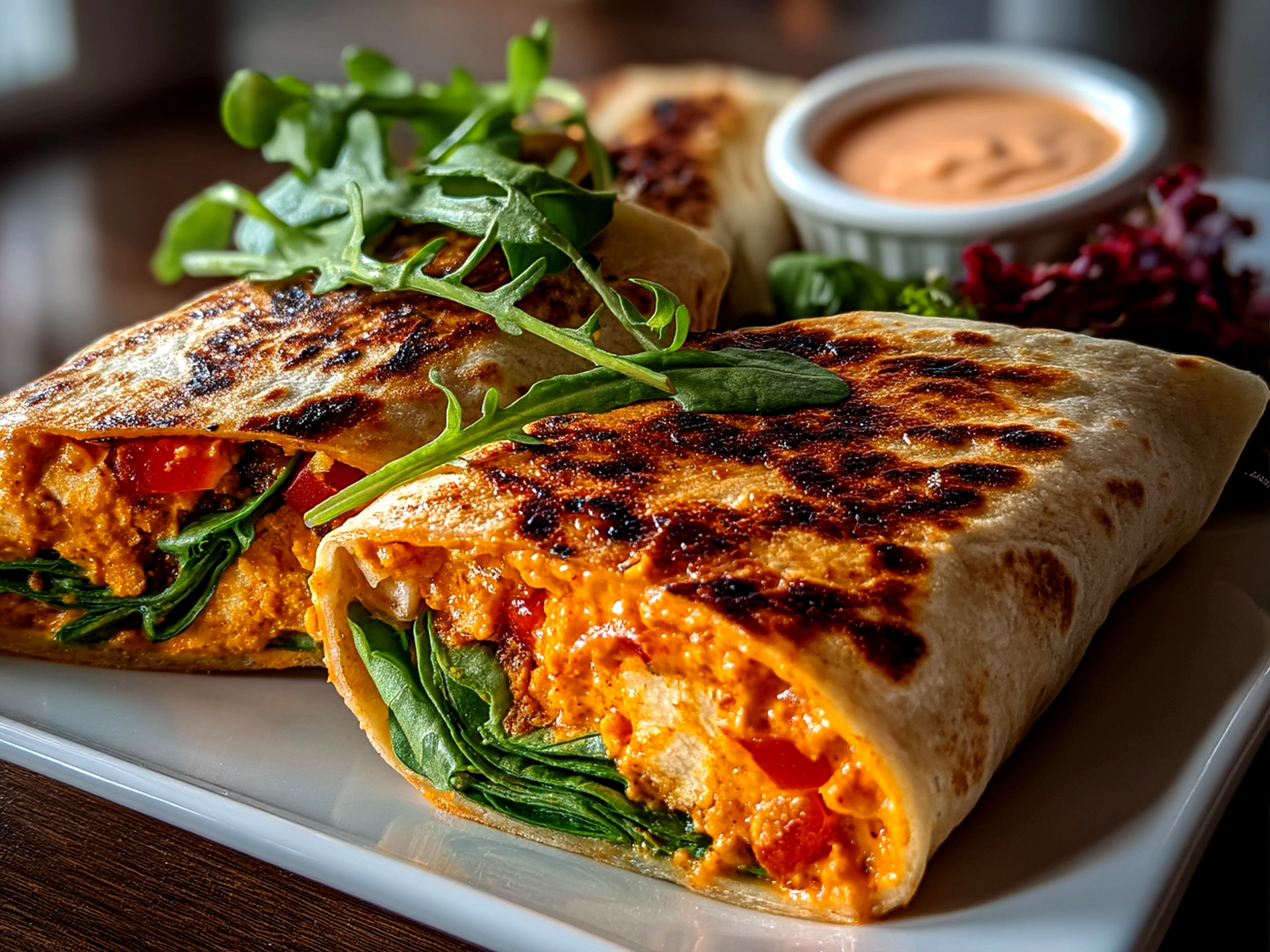 Close-up of finished Roasted Red Pepper Hummus Wrap, sliced and ready to serve