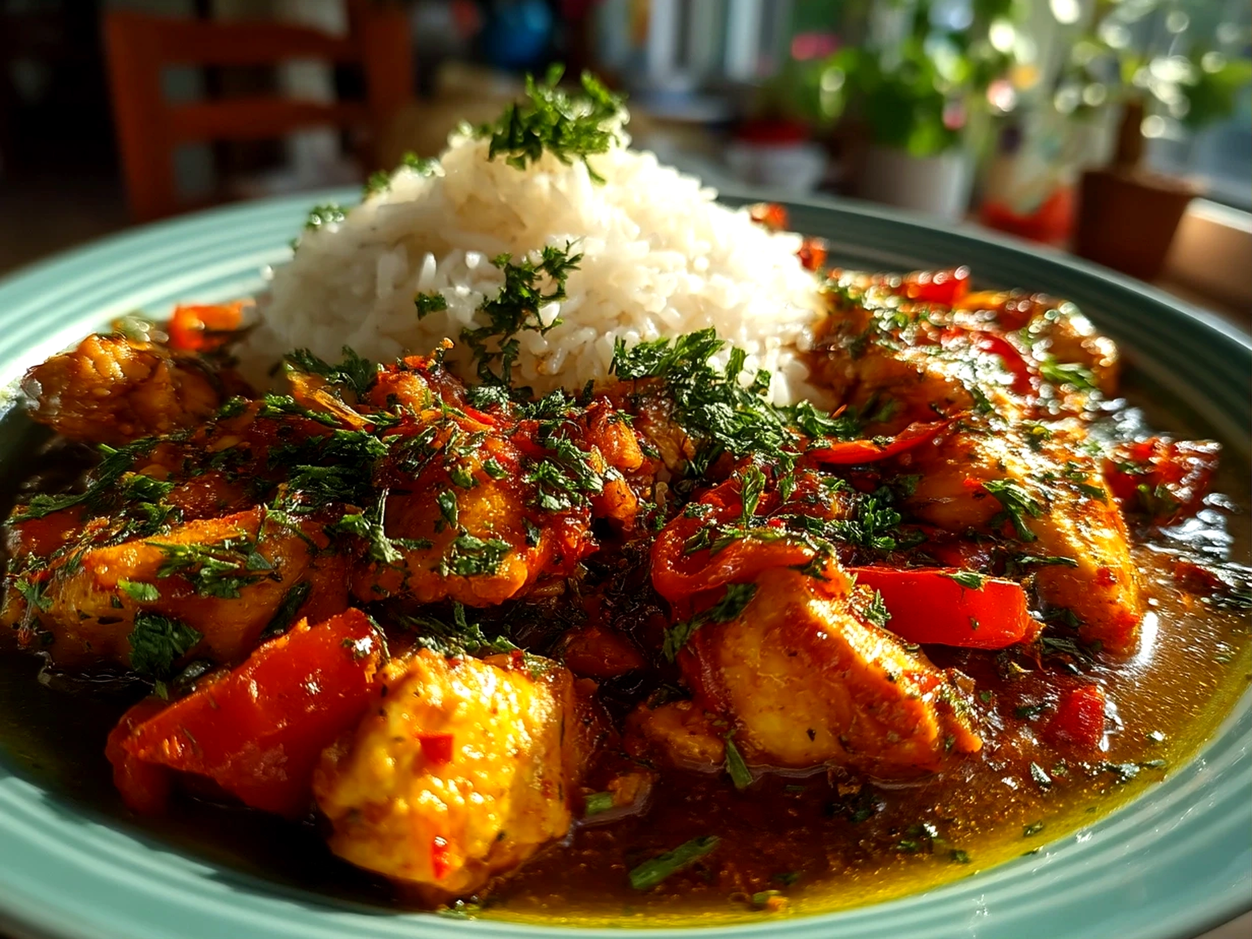 Close-up of finished Spicy Portuguese Chilli Chicken garnished with fresh parsley