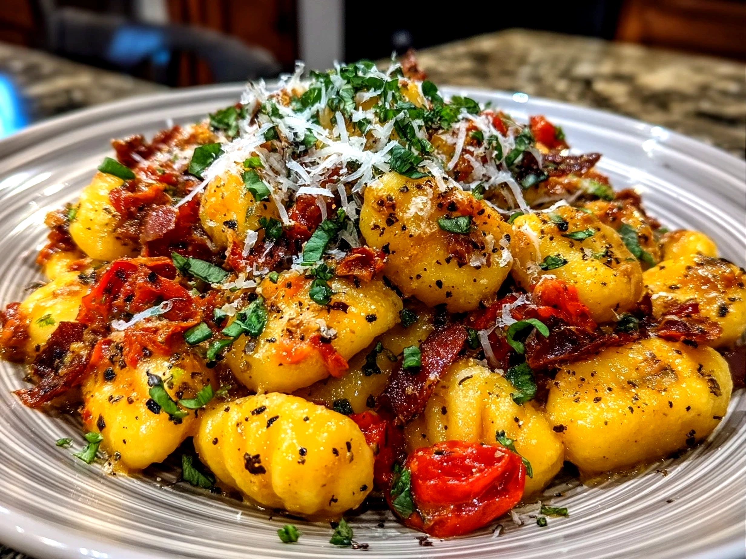 Finished Sun-Dried Tomato Gnocchi with sauce drizzle on a plate