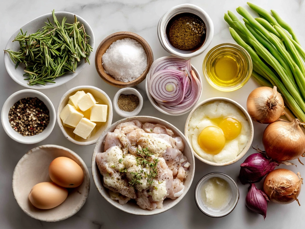 Ingredients for French Onion Chicken Bake laid out including chicken breasts, onions, cheese, butter and thyme