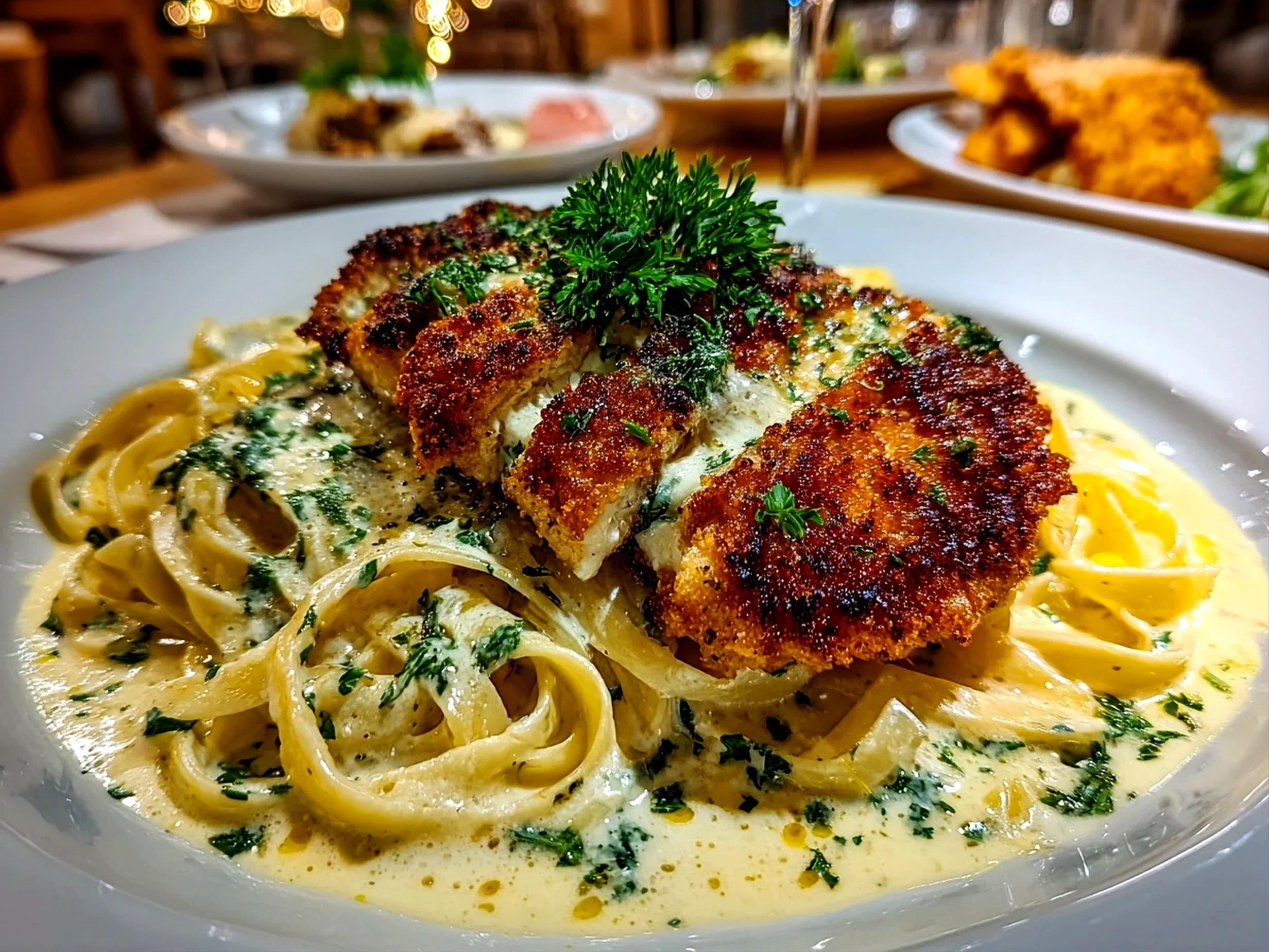 Freshly prepared crispy chicken schnitzel Alfredo plated on white dish