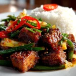 Freshly prepared Orange Glazed Tempeh Stir Fry on white plate