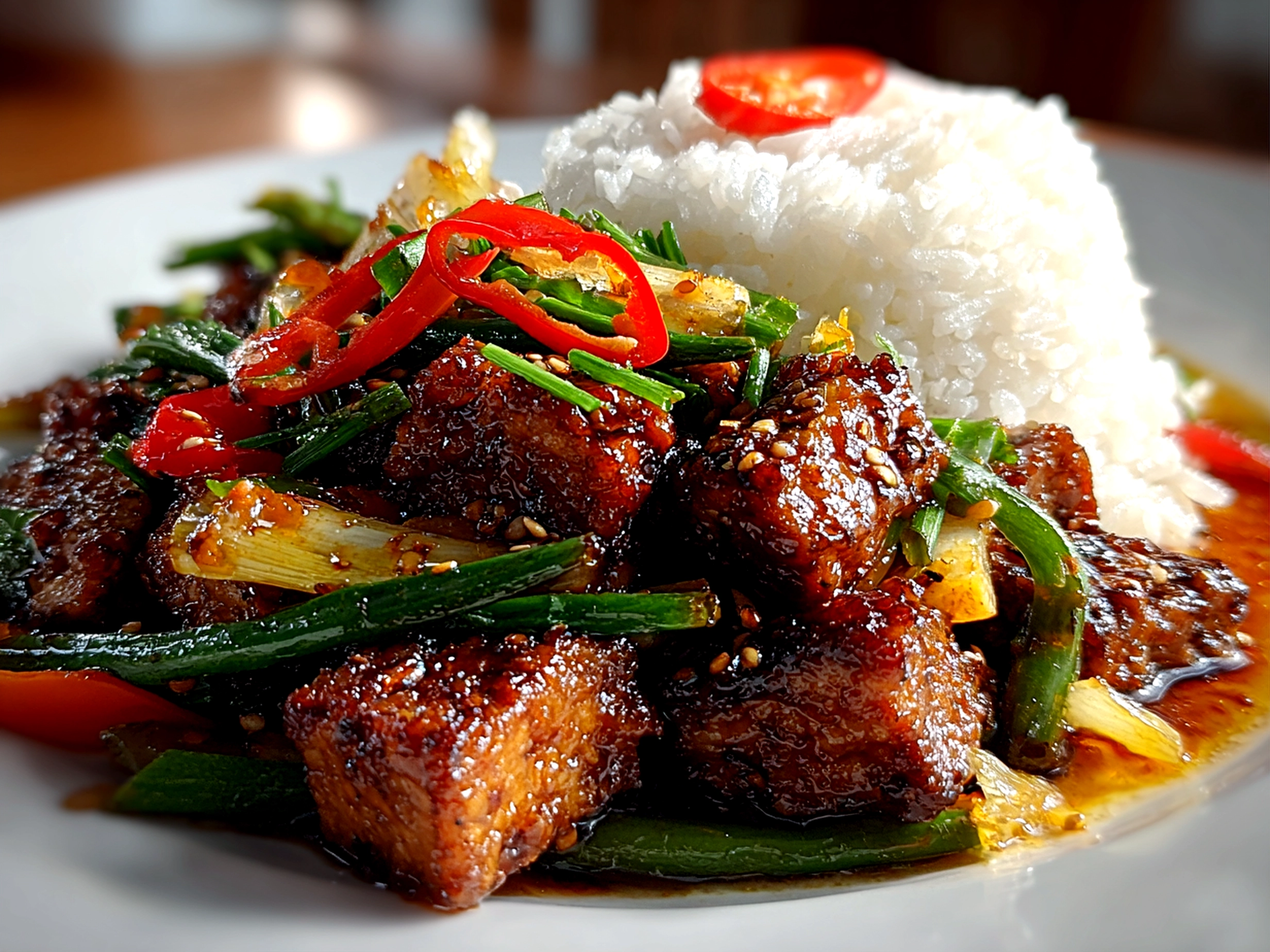 Freshly prepared Orange Glazed Tempeh Stir Fry on white plate