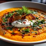 Freshly prepared Roasted Cauliflower Soup on white plate