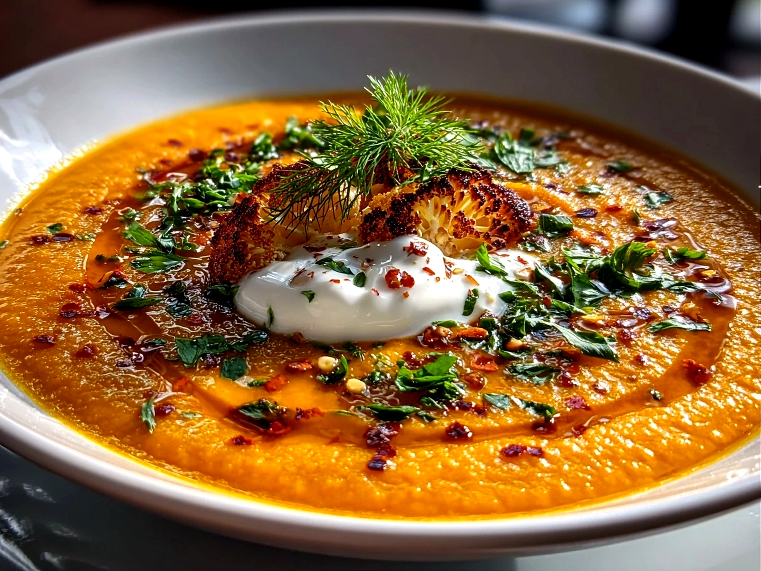 Freshly prepared Roasted Cauliflower Soup on white plate