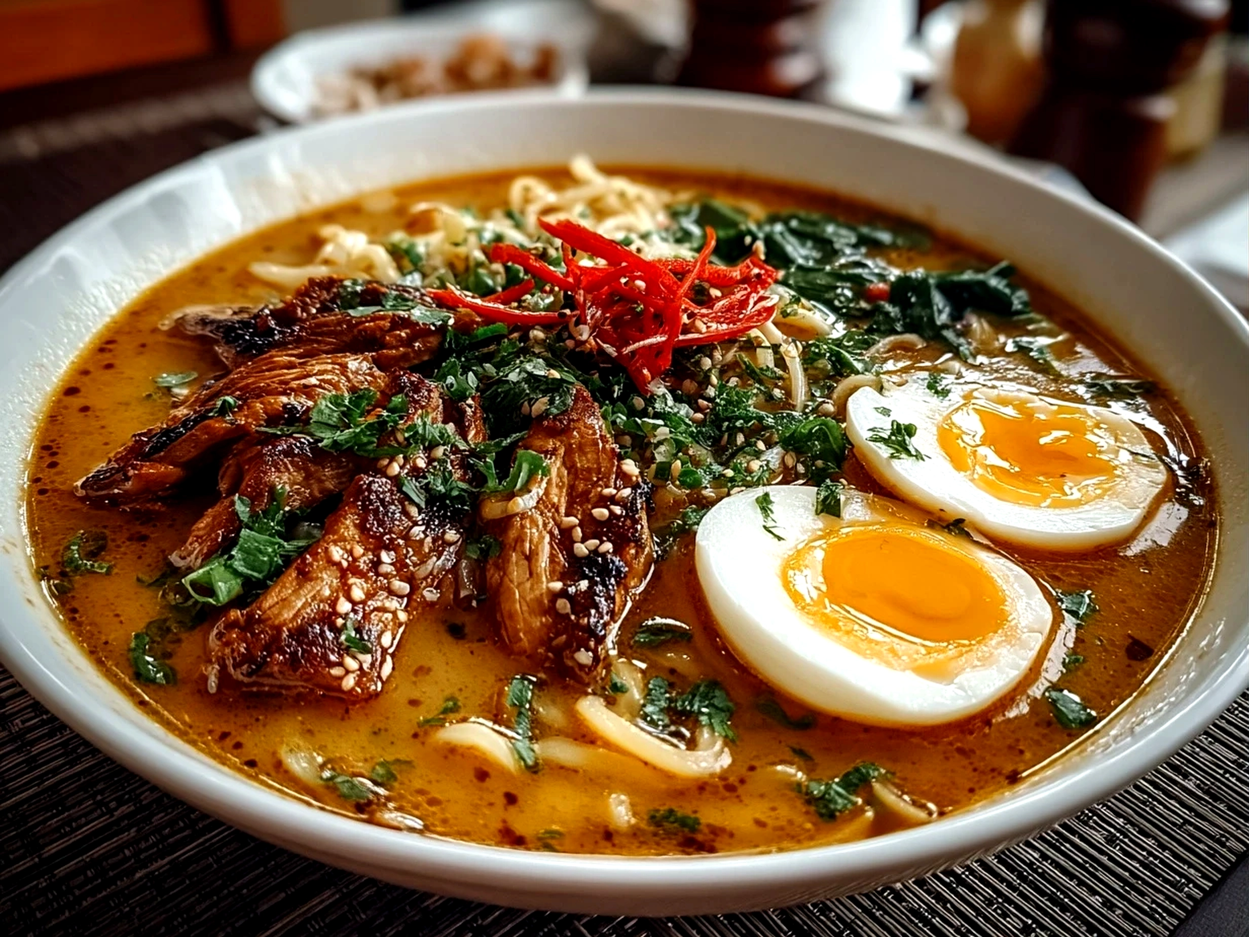 Freshly prepared spicy miso ramen steaming hot