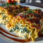 Freshly prepared Spinach Artichoke Lasagna Rolls on white plate