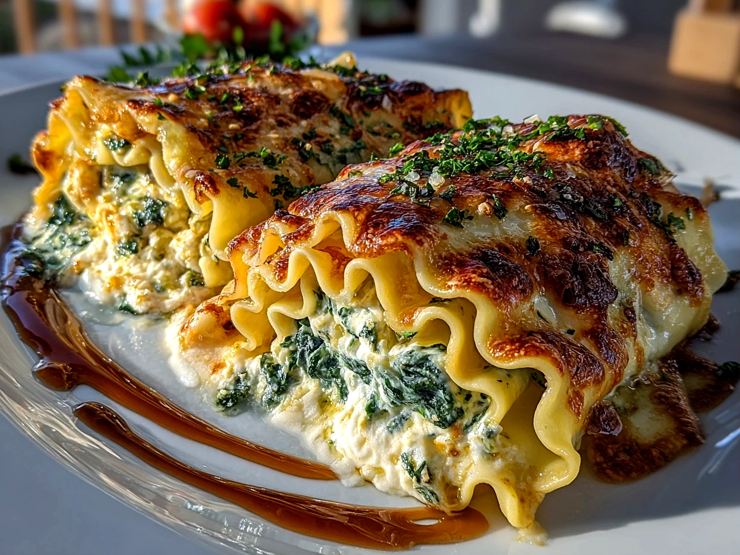 Freshly prepared Spinach Artichoke Lasagna Rolls on white plate