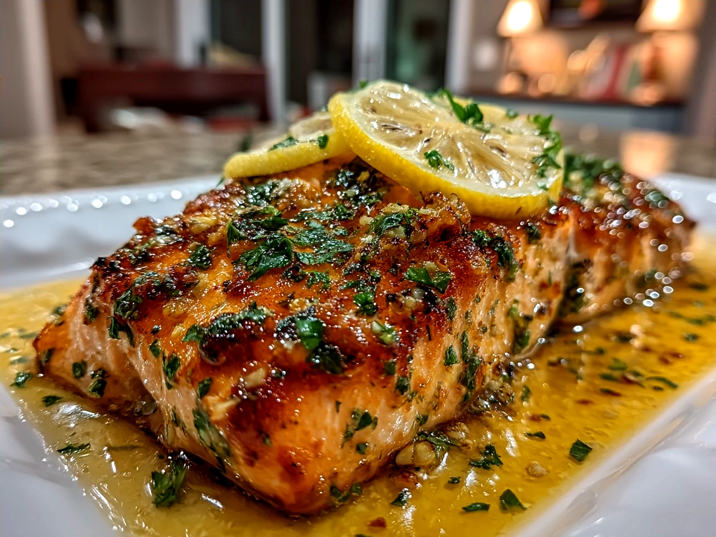 Serving Garlic Butter Lemon Salmon plated with fresh parsley and lemon slices
