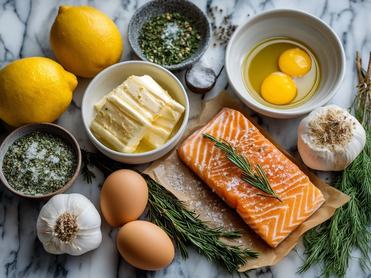Ingredients for Garlic Butter Lemon Salmon: salmon fillets, butter, garlic, lemons, parsley