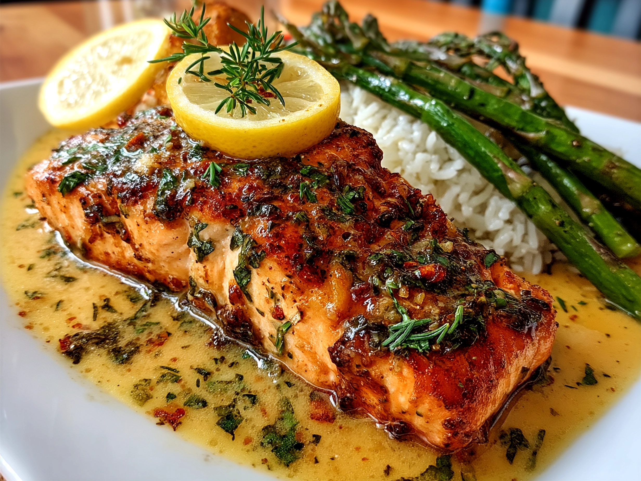 Serving of Garlic Butter Salmon surrounded by roasted vegetables and fresh herbs