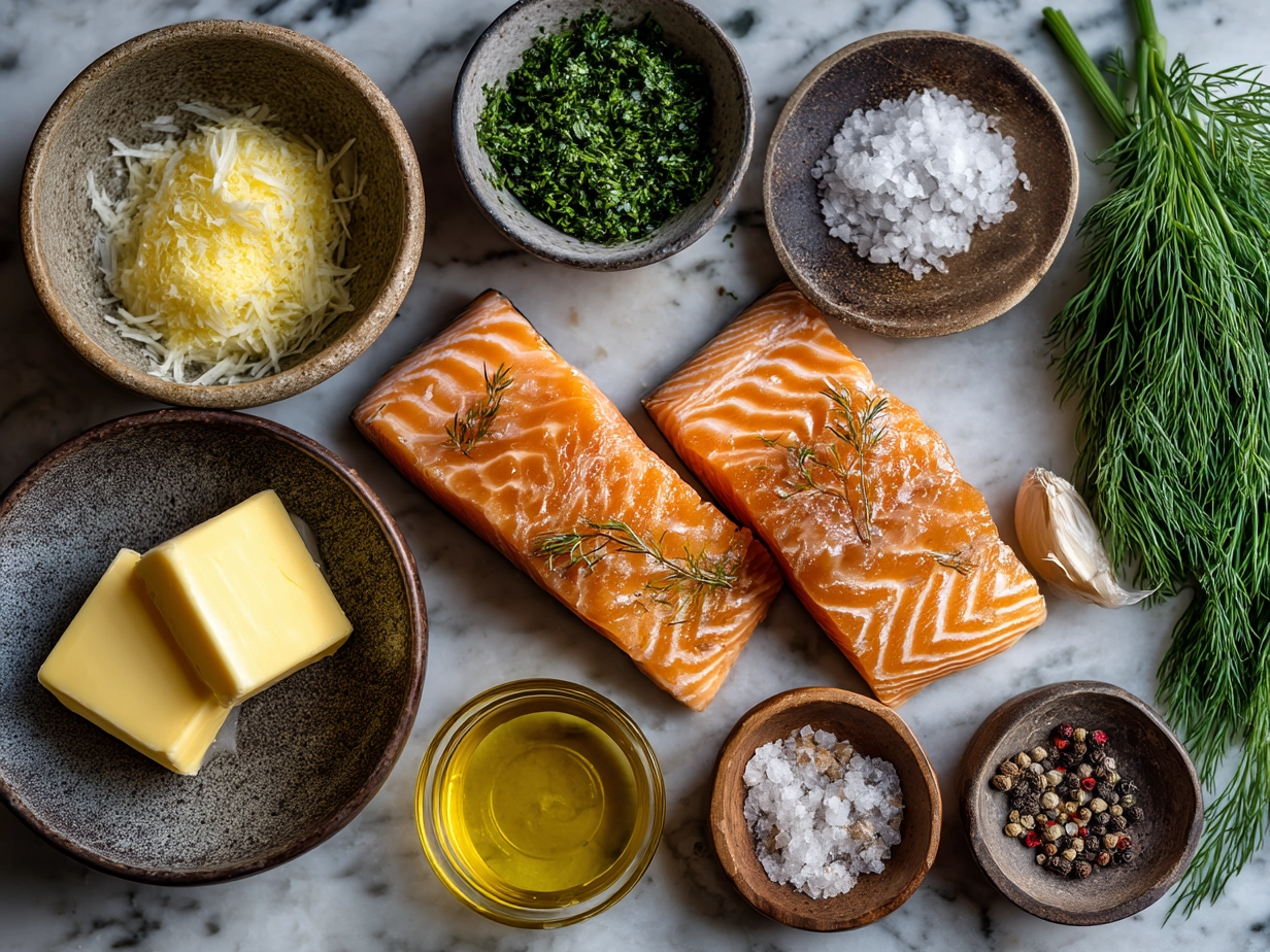 Ingredients for Garlic Butter Salmon including fresh salmon fillets, butter, garlic, lemon, parsley, salt, pepper, and olive oil