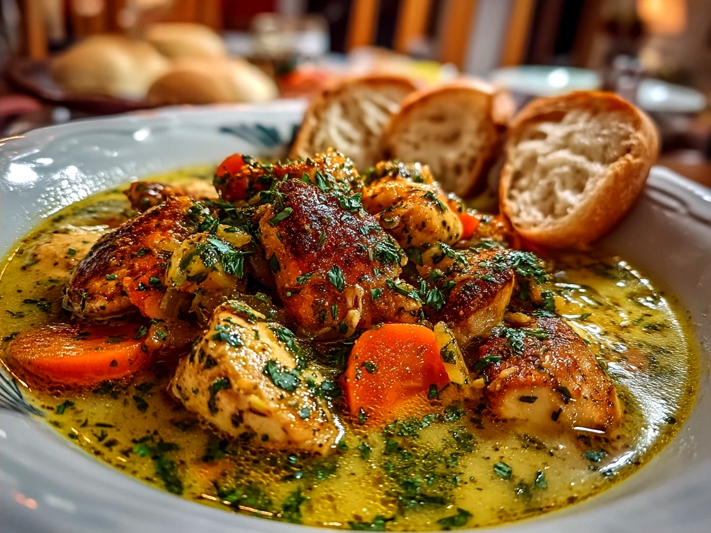 A bowl of creamy garlic parmesan chicken stew served with fresh thyme garnish