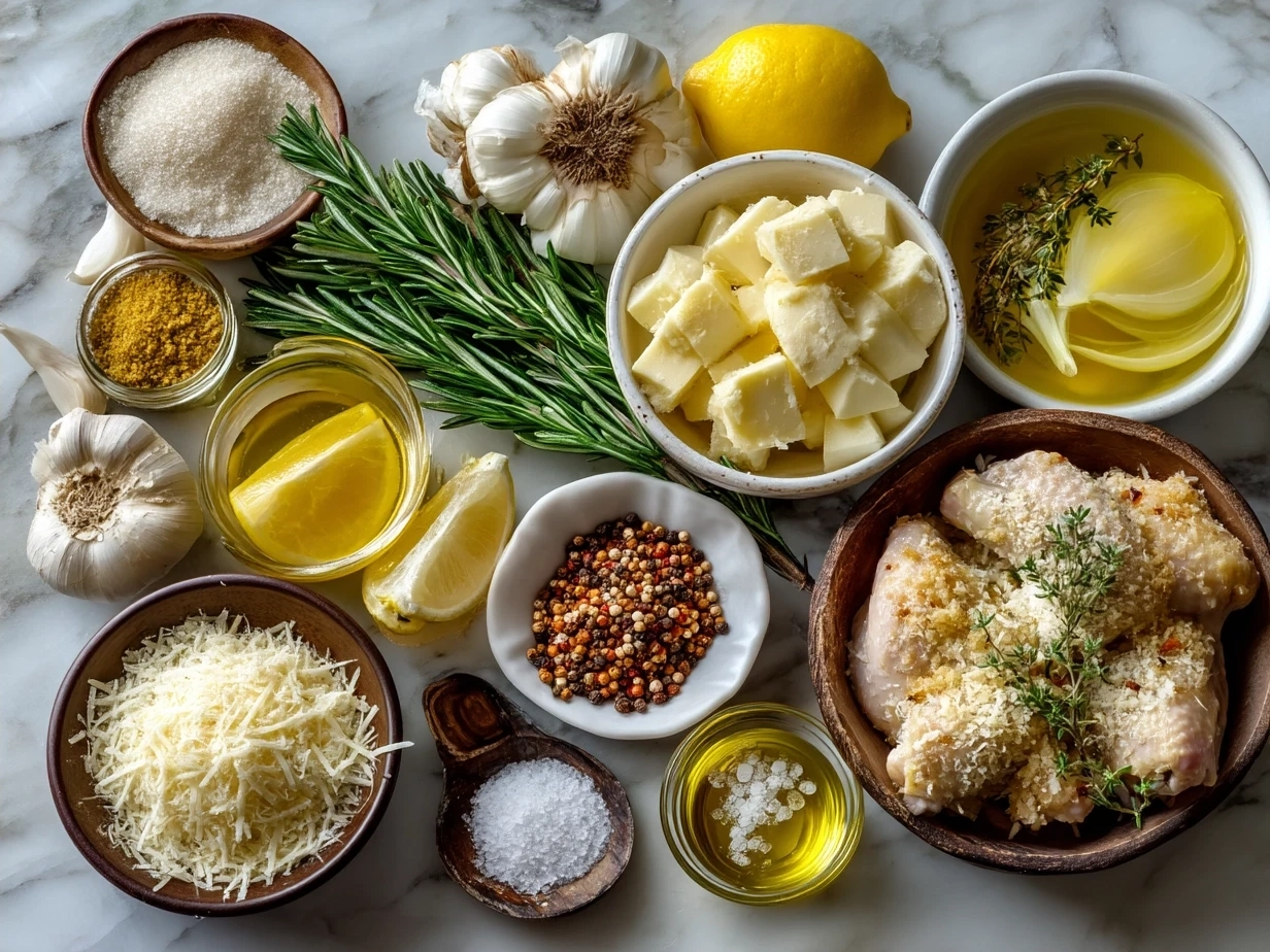 Ingredients for garlic parmesan chicken stew laid out on a wooden surface