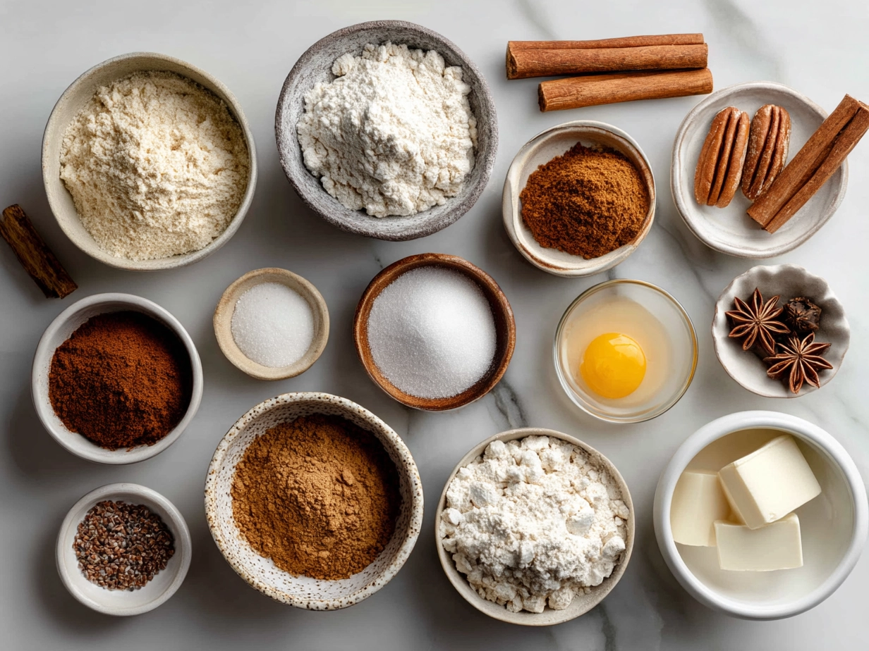 Ingredients arranged for Gingerbread Protein Snacks including oats, nut butter, spices, and protein powder