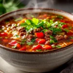 Hearty homemade Stuffed Pepper Soup in rustic bowl