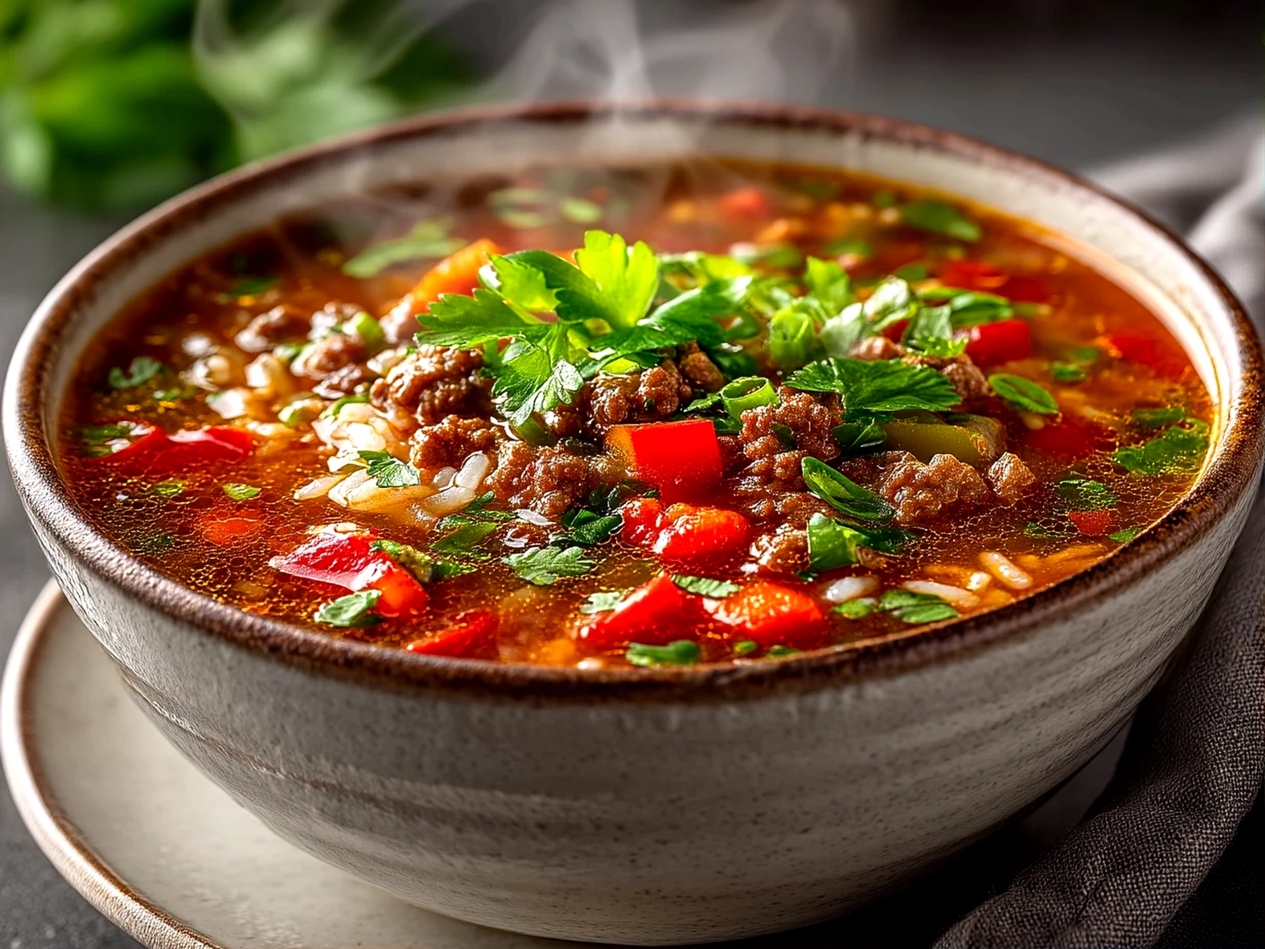 Hearty homemade Stuffed Pepper Soup in rustic bowl