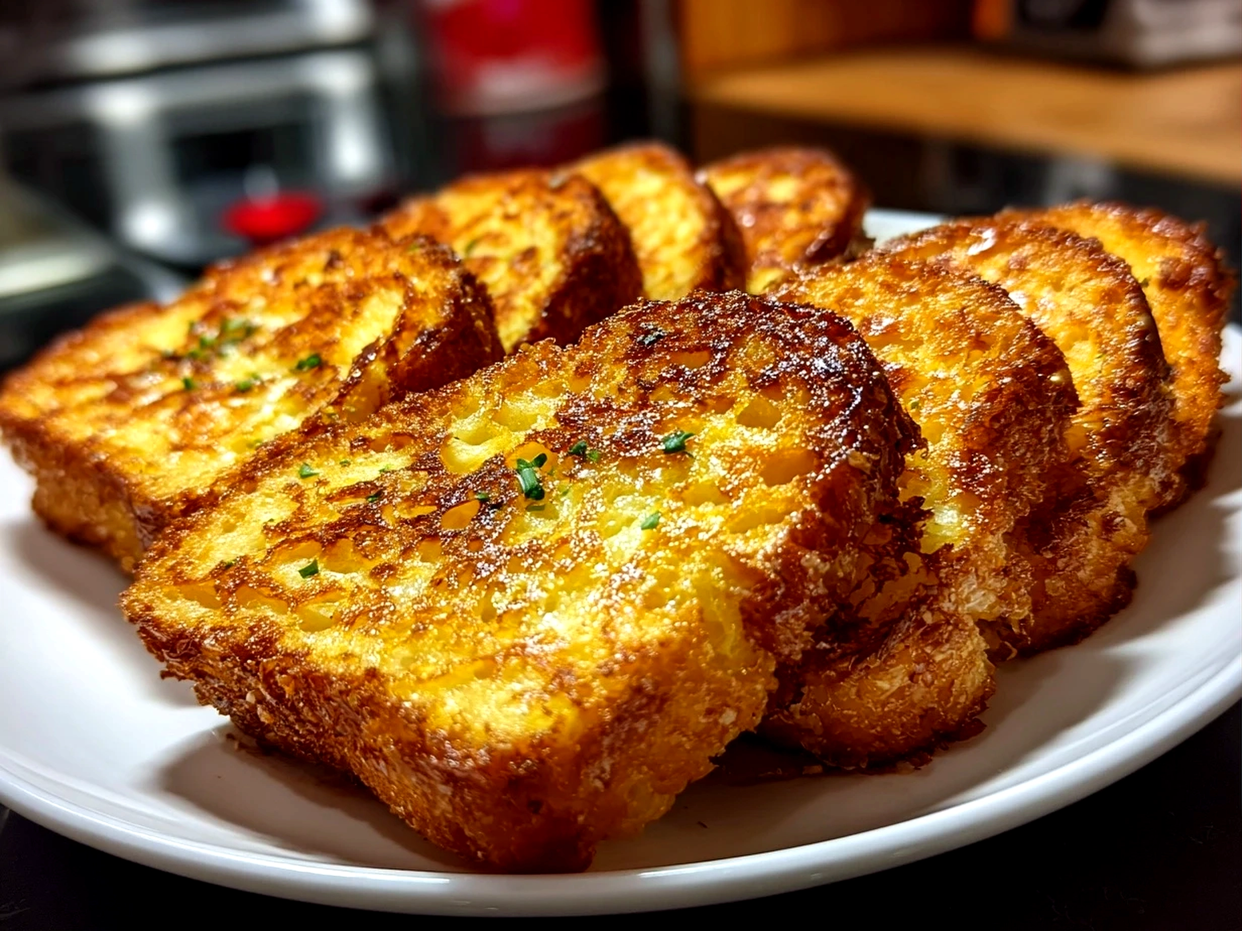 Home cook, iPhone 14. Close-up slight angle of delicious Crispy Corn Toast Bites on white plate. Mouthwatering --ar 4:3 --style raw --s 245