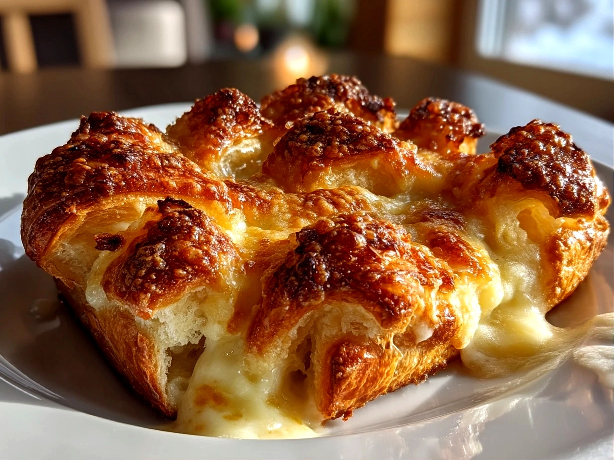 Close-up of finished comforting croissant bake served warm with a hearty appearance.