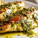 home cook, taken with iPhone 14 Pro. Close-up slight angle of fresh pesto chicken on white plate. fresh vibrant --ar 4:3 --style raw --s 260