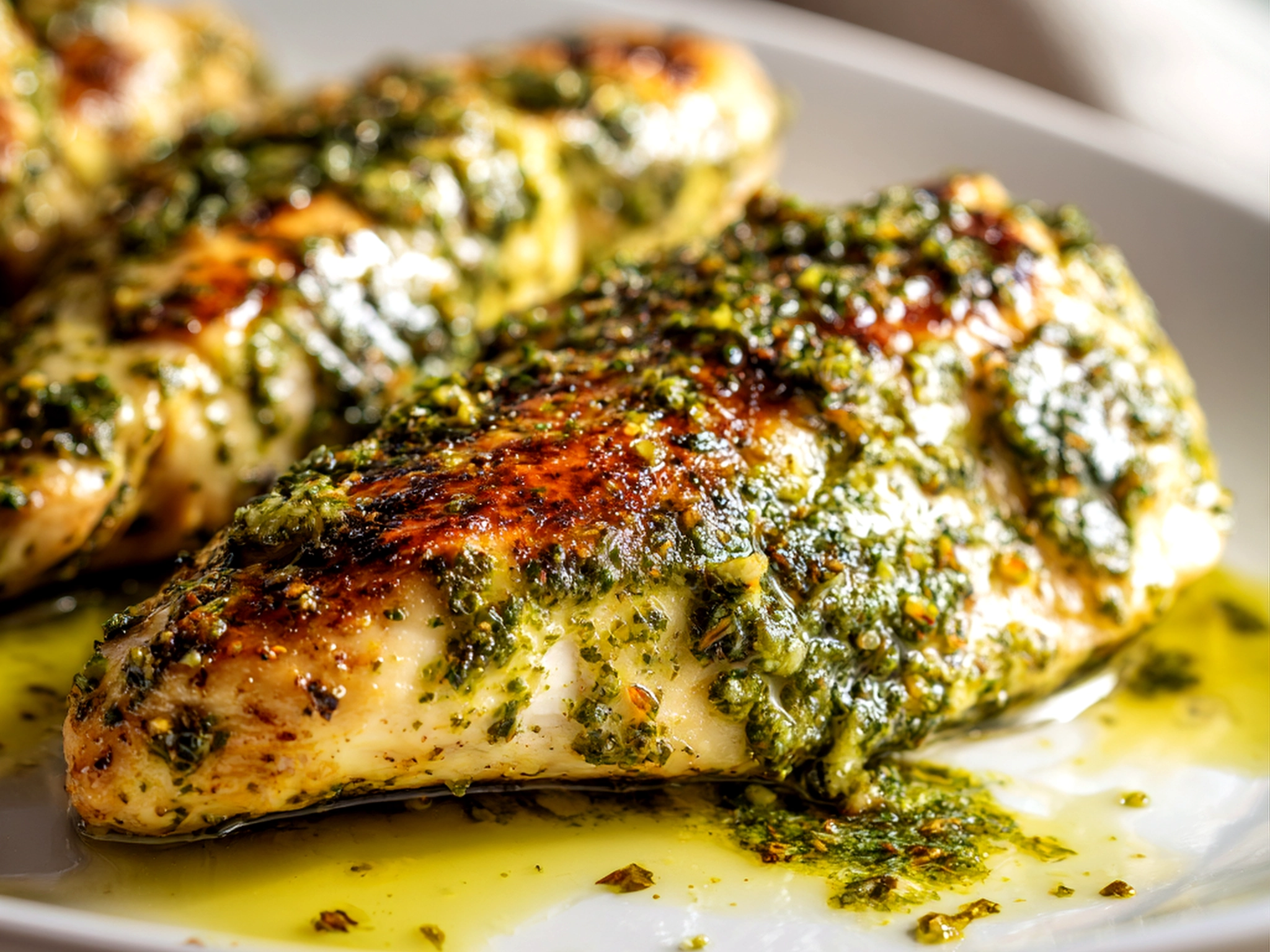 home cook, taken with iPhone 14 Pro. Close-up slight angle of fresh pesto chicken on white plate. fresh vibrant --ar 4:3 --style raw --s 260