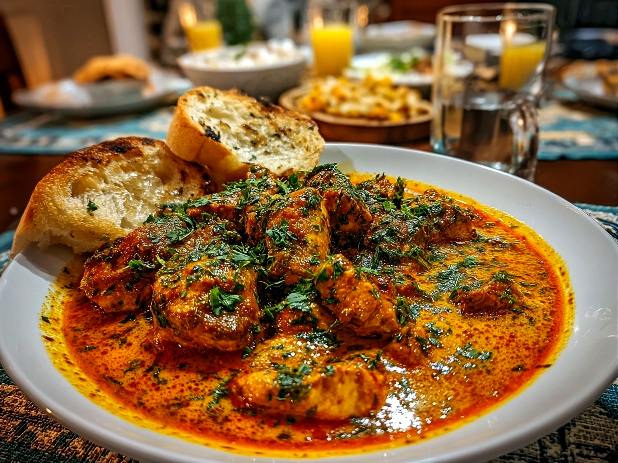 home cook, taken with iPhone 14. Close-up slight angle of delicious butter chicken on white plate. rich inviting --ar 4:3 --style raw --s 230