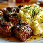 Homemade garlic butter beef bites served with creamy mashed potatoes