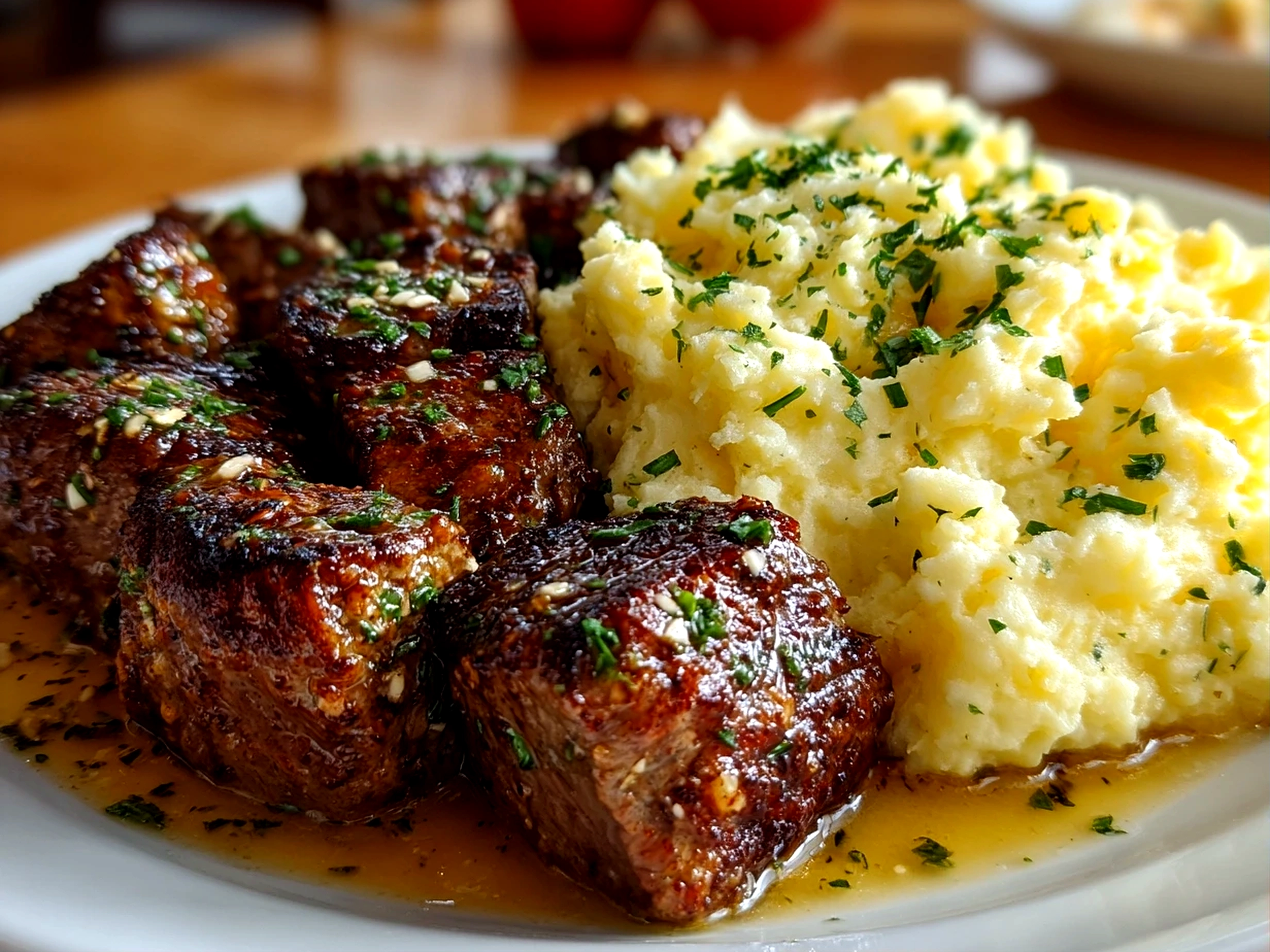 Homemade garlic butter beef bites served with creamy mashed potatoes
