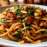 homemade peanut noodles plated on white dish