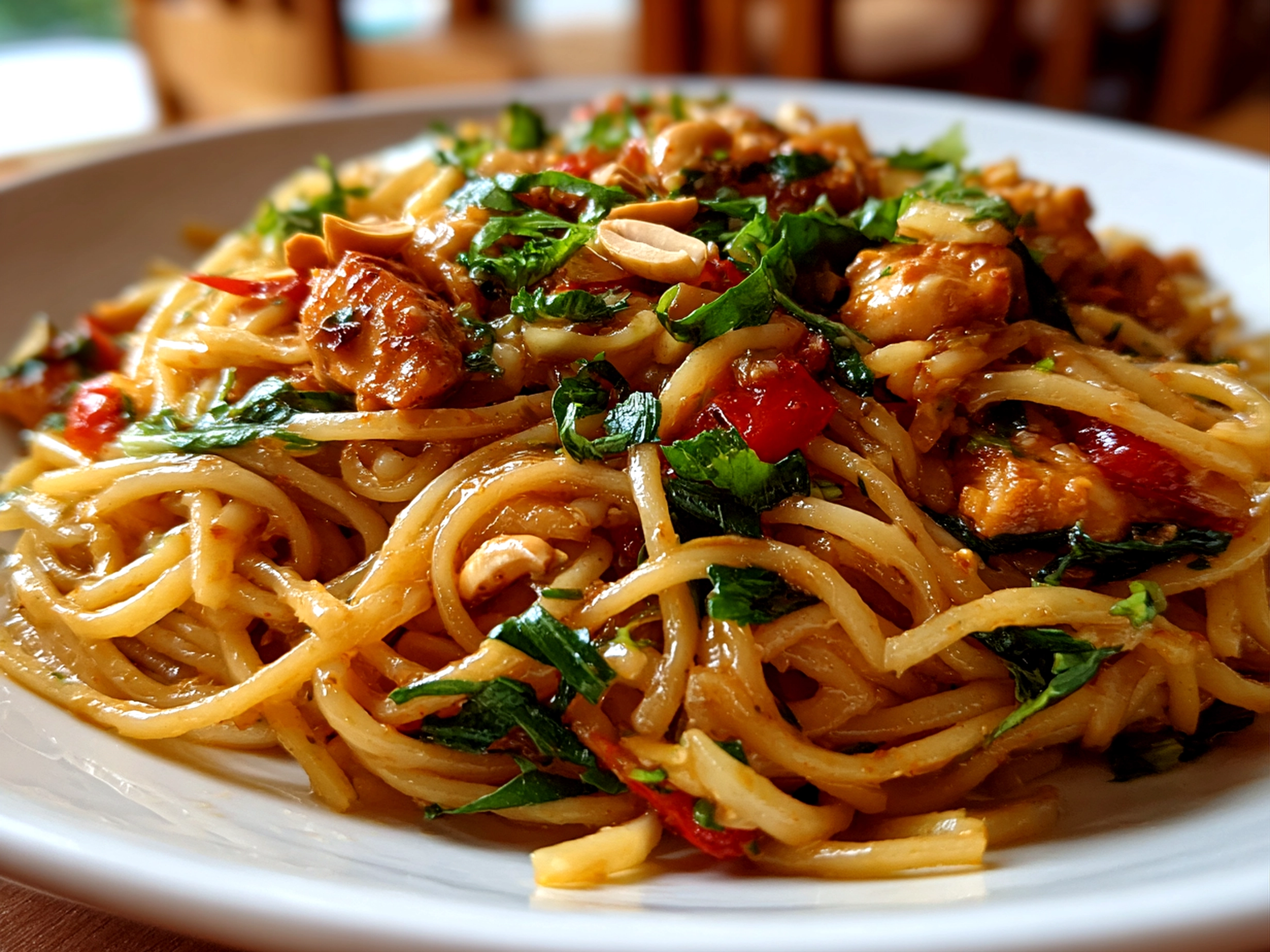 homemade peanut noodles plated on white dish