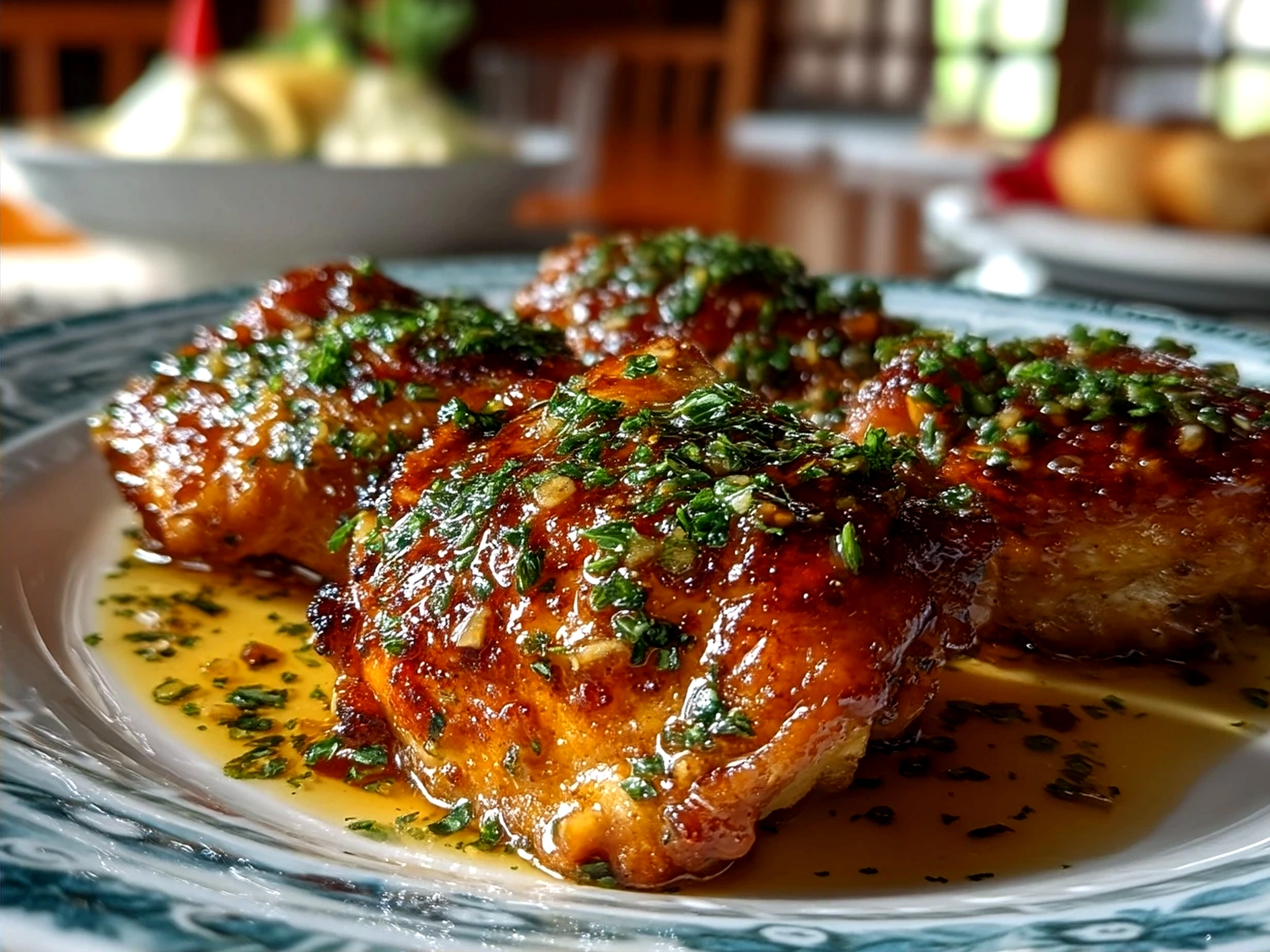 Serving presentation of Honey Garlic Chicken Thighs with garnish and side dishes
