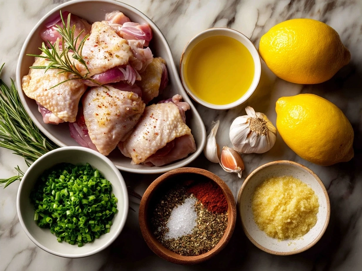 Ingredients for Honey Garlic Chicken Thighs including honey, garlic, chicken thighs, soy sauce, and spices