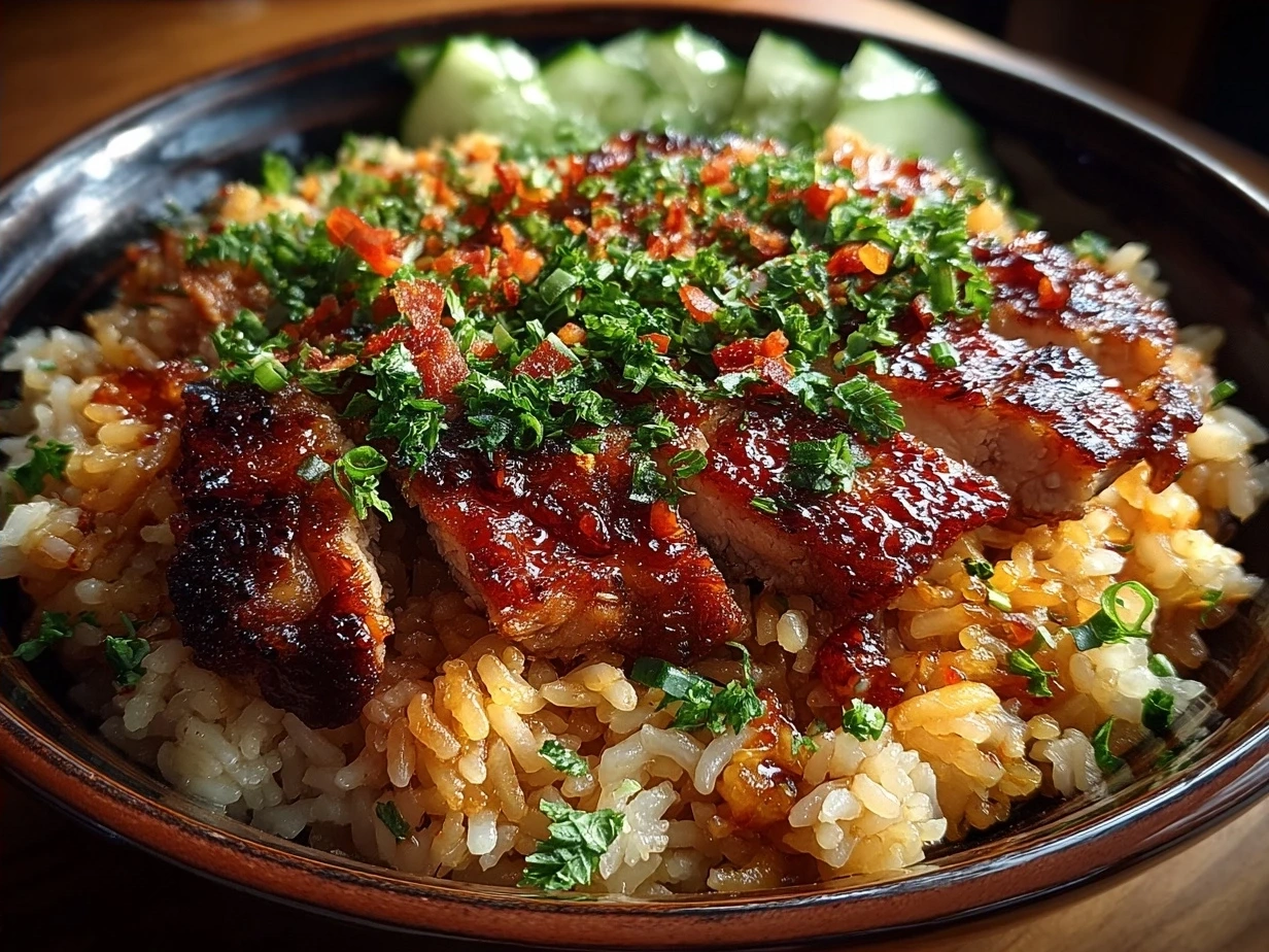 Finished Honey Sriracha Chicken Rice Bowls served in a ceramic bowl with garnishes