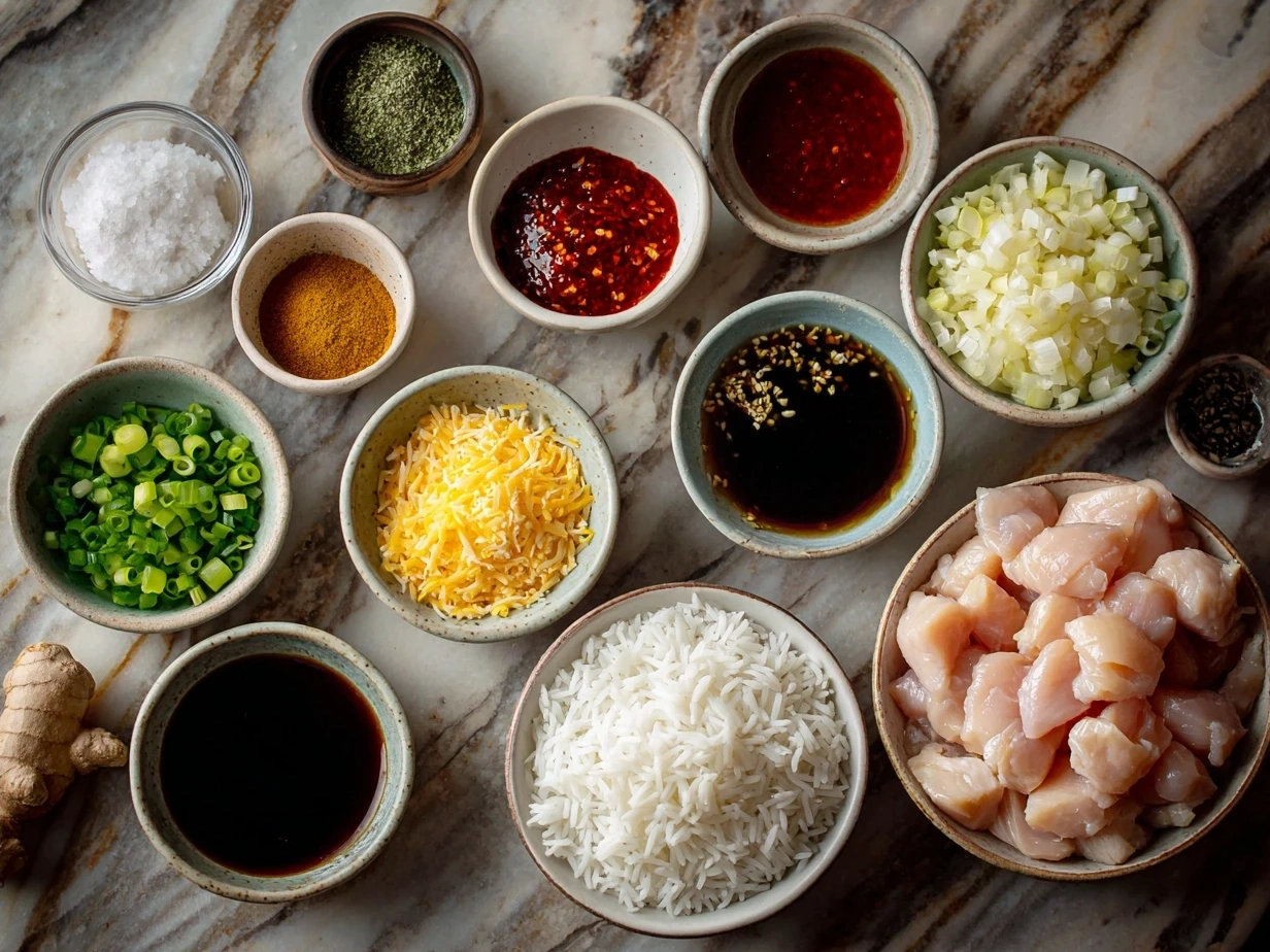 Ingredients for Honey Sriracha Chicken Rice Bowls including chicken, honey, sriracha sauce, garlic, rice vinegar, and jasmine rice