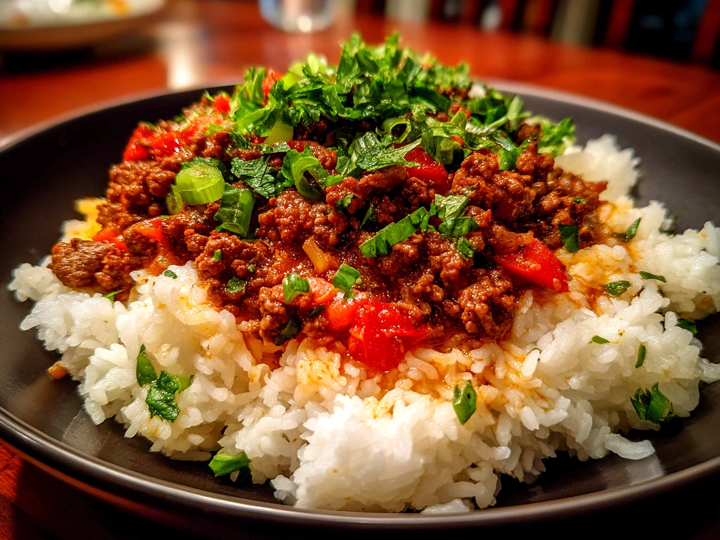 Served Korean Ground Beef garnished with sliced green onions and toasted sesame seeds