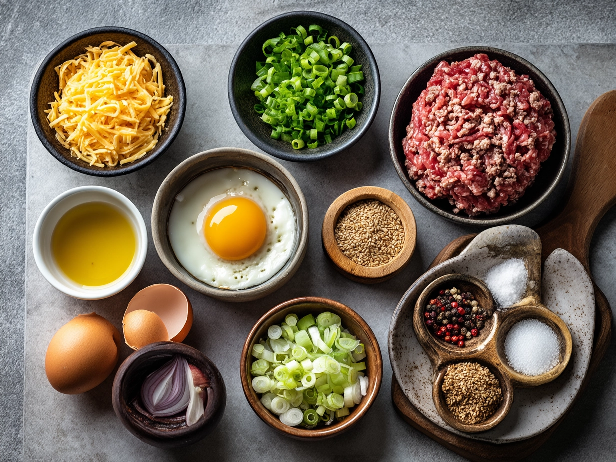 Ingredients for Korean Ground Beef including ground beef, soy sauce, brown sugar, sesame oil, garlic, ginger, and red pepper flakes
