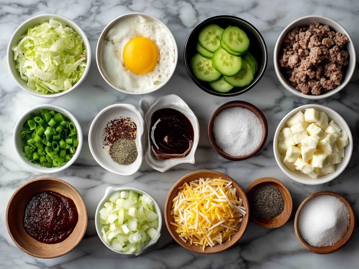 Ingredients for Loaded Big Mac Sliders with buns, cheese, patties, lettuce, pickles and onions beautifully arranged