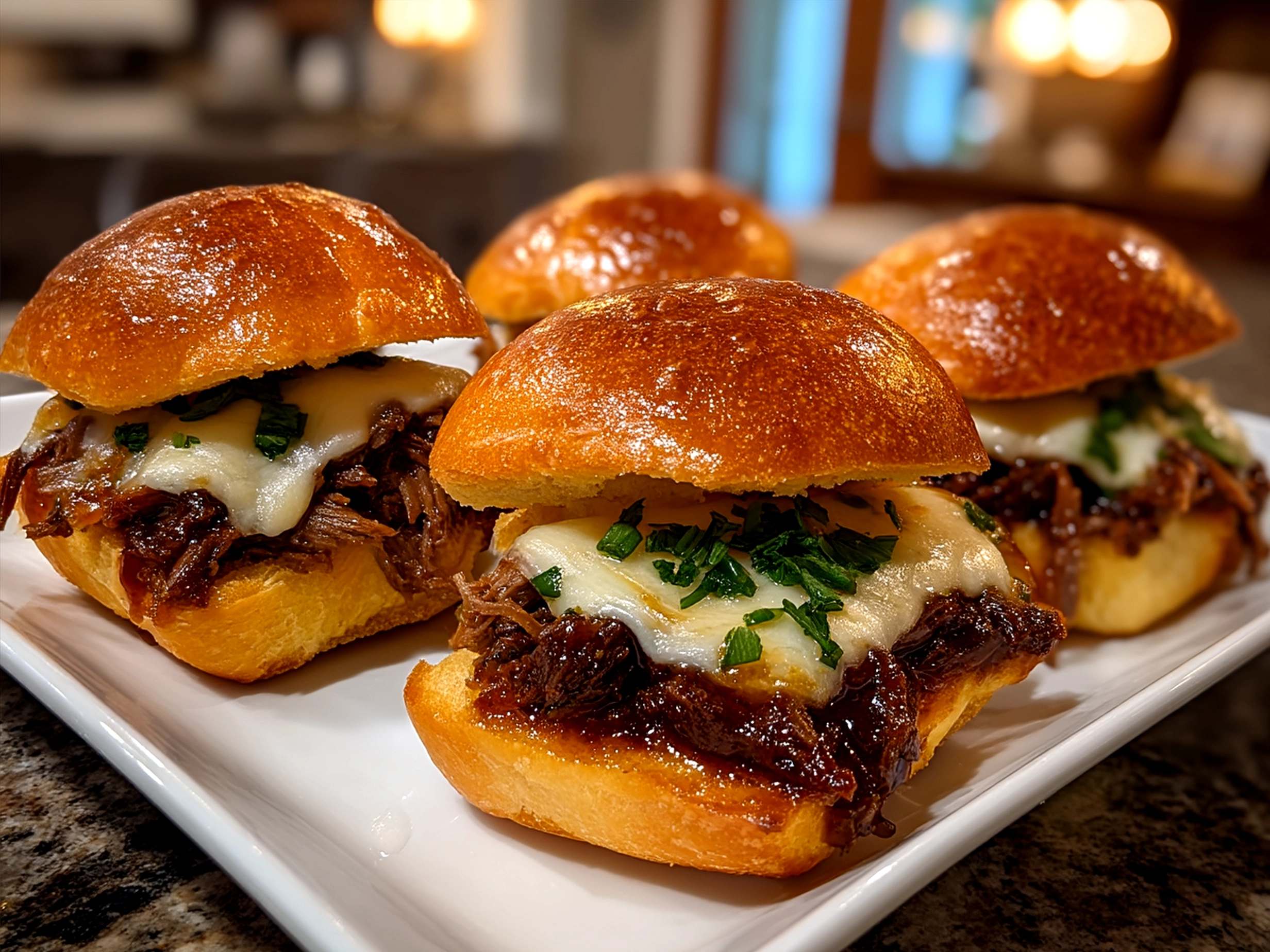 Serving tray with Loaded Philly Cheesesteak Sliders arranged for a gathering